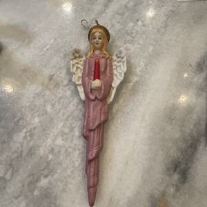 Vintage Porcelain Ceramic Christmas Icicle Pink Angel‎ Ornament